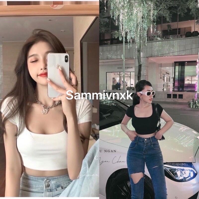Áo croptop cổ vuông ngắn tay🌱Áo thun cổ vuông dáng ngắn nữ🌱