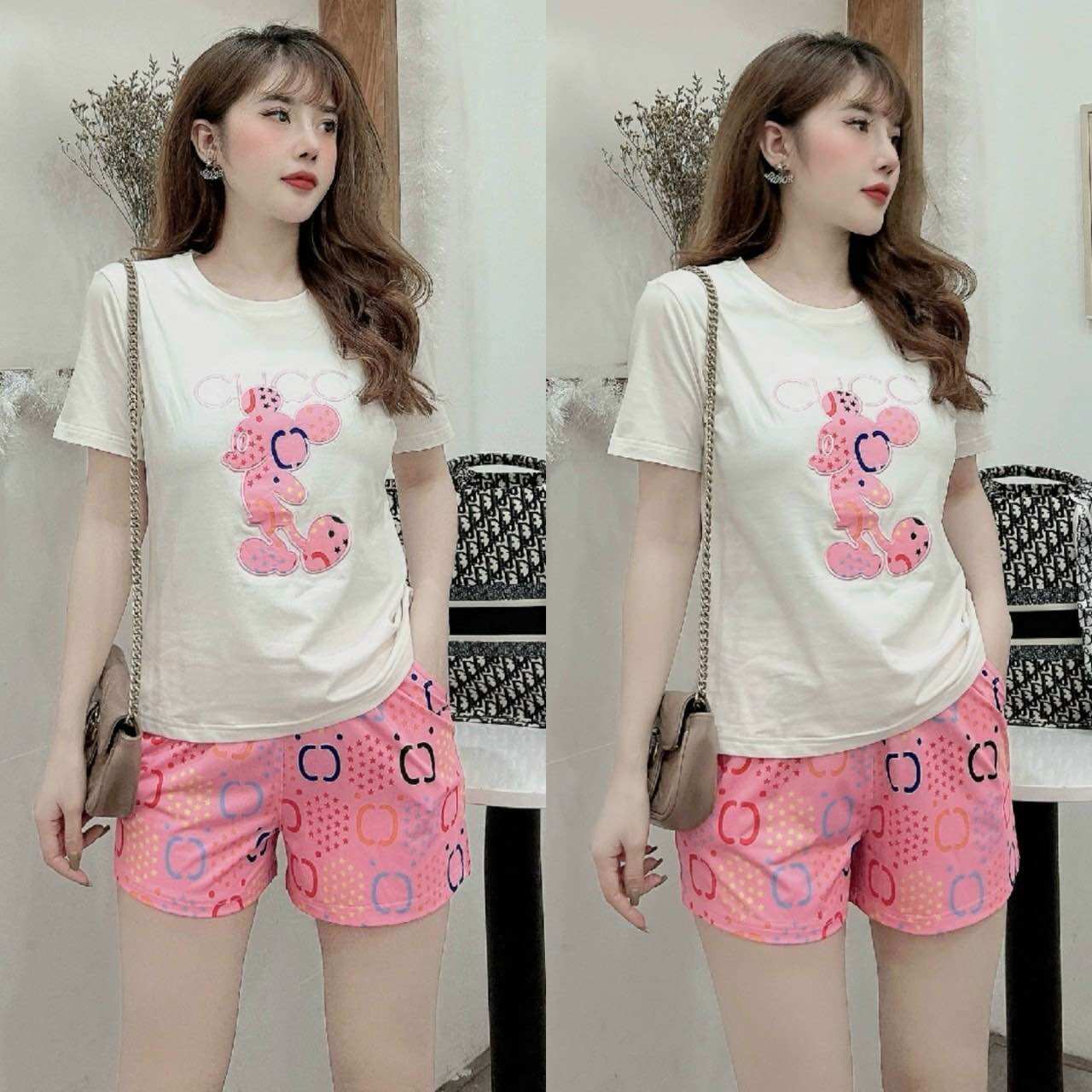 SÉT BỘ SHORT COTTON THÊU CHUỘT PHỐI 3D CAO CẤP