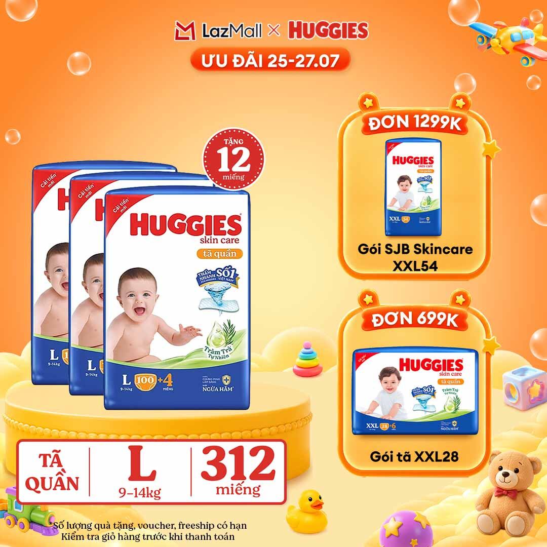 [30.7 GIẢM THÊM 90K] Combo 3 Gói Tã/bỉm quần HUGGIES SKINCARE MEGA JUMBO size L96+8 miếng/ L100+4 miếng