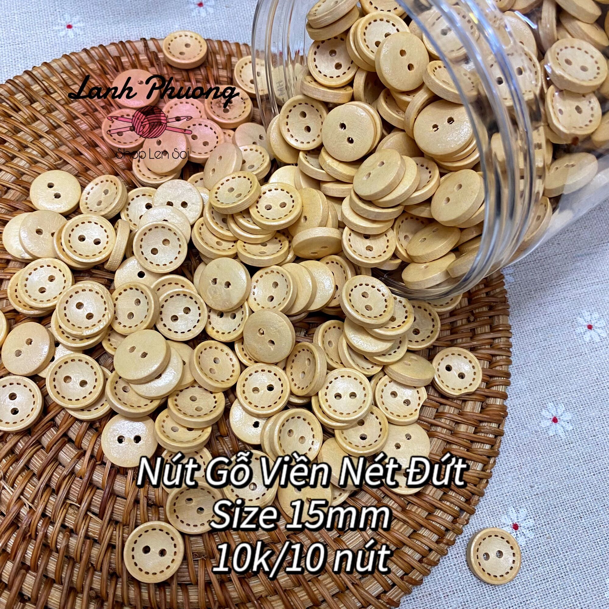 Nút Gỗ Viền Nét Đứt Vàng Sáng (set 10 cái)