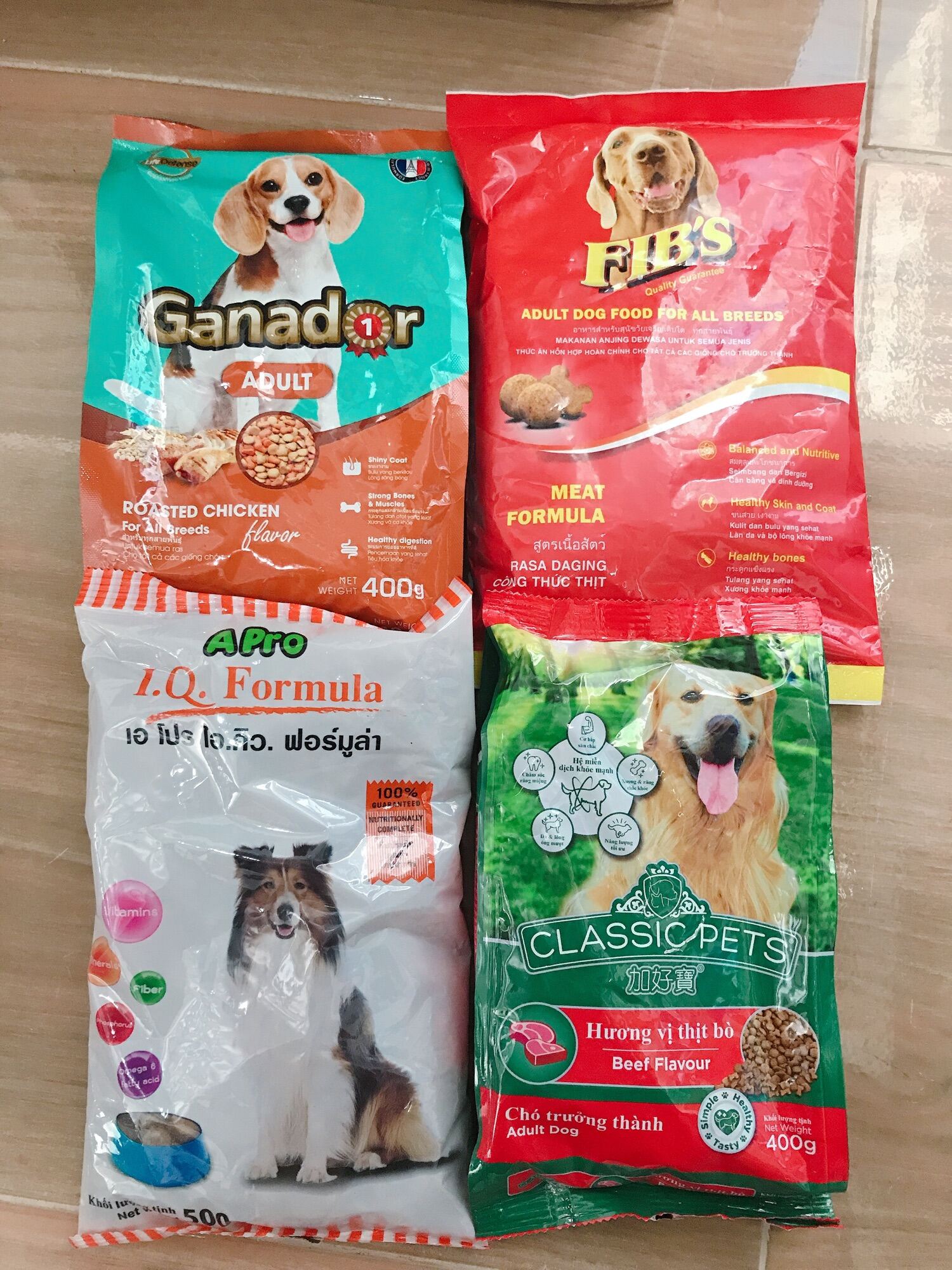 Combo 4 gói thức ăn cho chó trưởng thành Fib’s, Classic, Ganador, Chó Apro