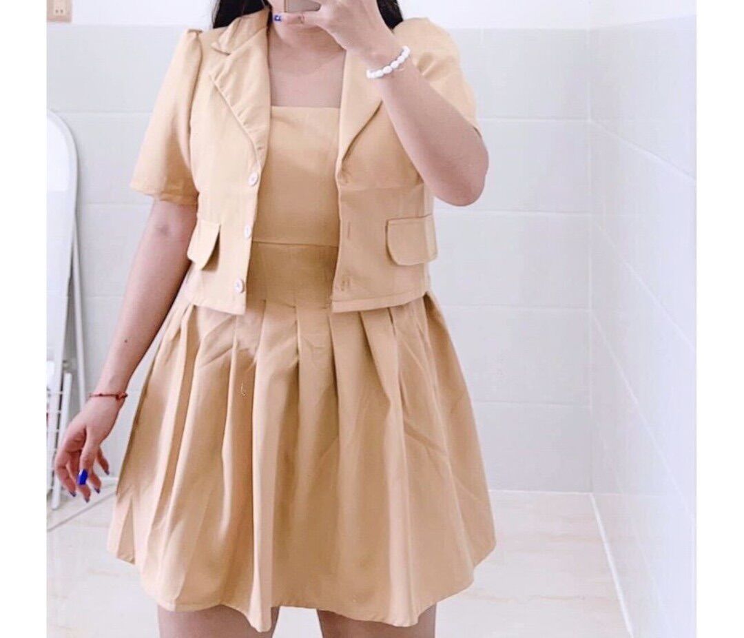 [Ảnh thật] 60-90kg BIGSIZE SET ÁO VEST + ĐẦM XẾP LY