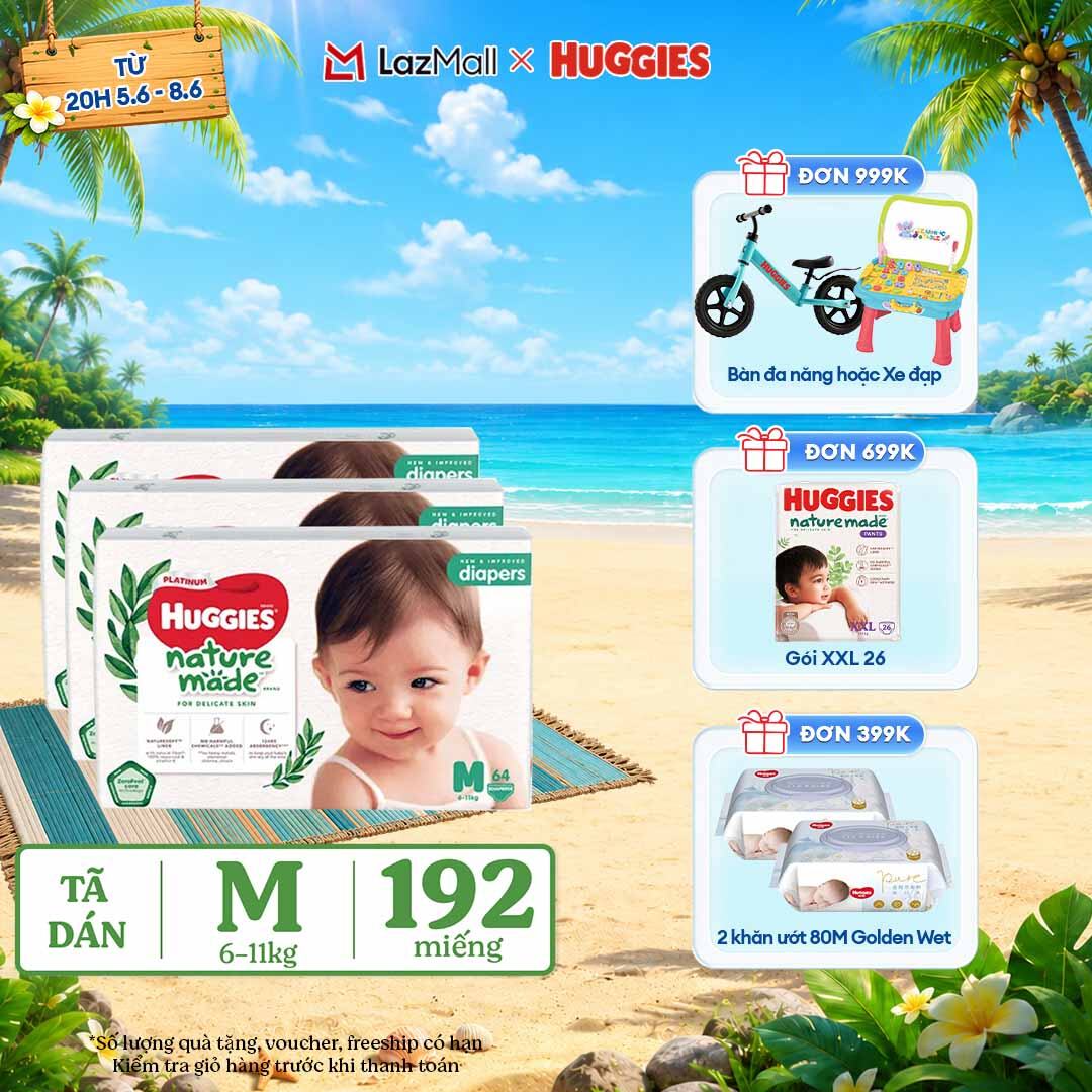 [CHỈ 9-10.6 QUÀ TẶNG ĐƠN 399K](Mua 1 tặng 1) Combo 3 Tã/Bỉm dán HUGGIES PLATINUM NatureMade M64 (6-11kg)-Gói Jumbo 64 miếng