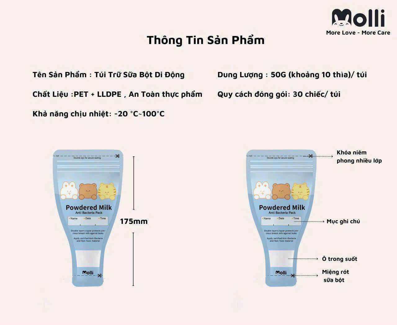 Túi trữ sữa bột Molli túi trữ sữa bột du lịch (Hộp 30 túi)