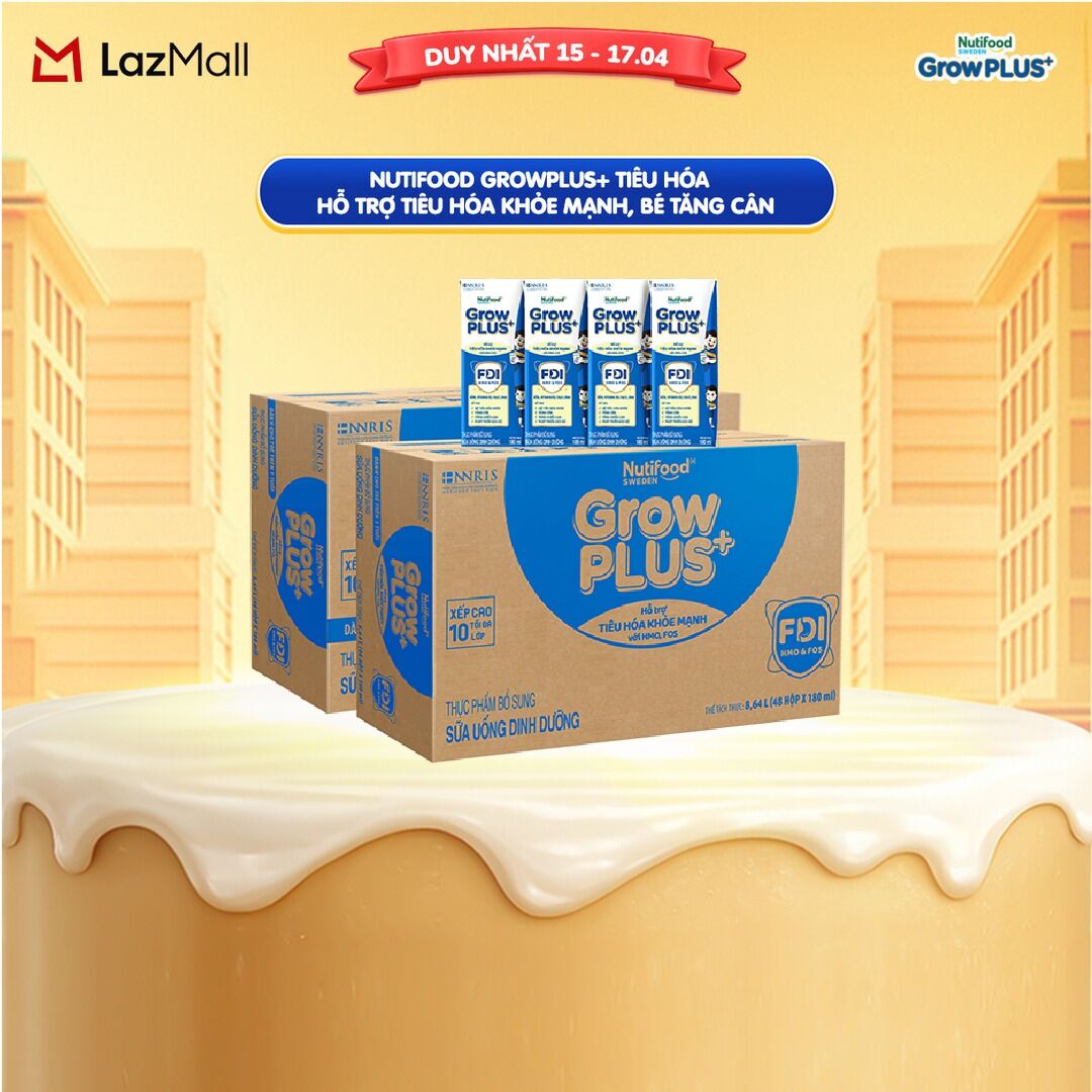 Combo 2 Sữa bột pha sẵn Nutifood Sweden GrowPLUS+ Tiêu Hóa (Xanh Nhạt) - Hỗ trợ tiêu hóa khỏe mạnh, bé tăng cân (48 hộpx180ml)