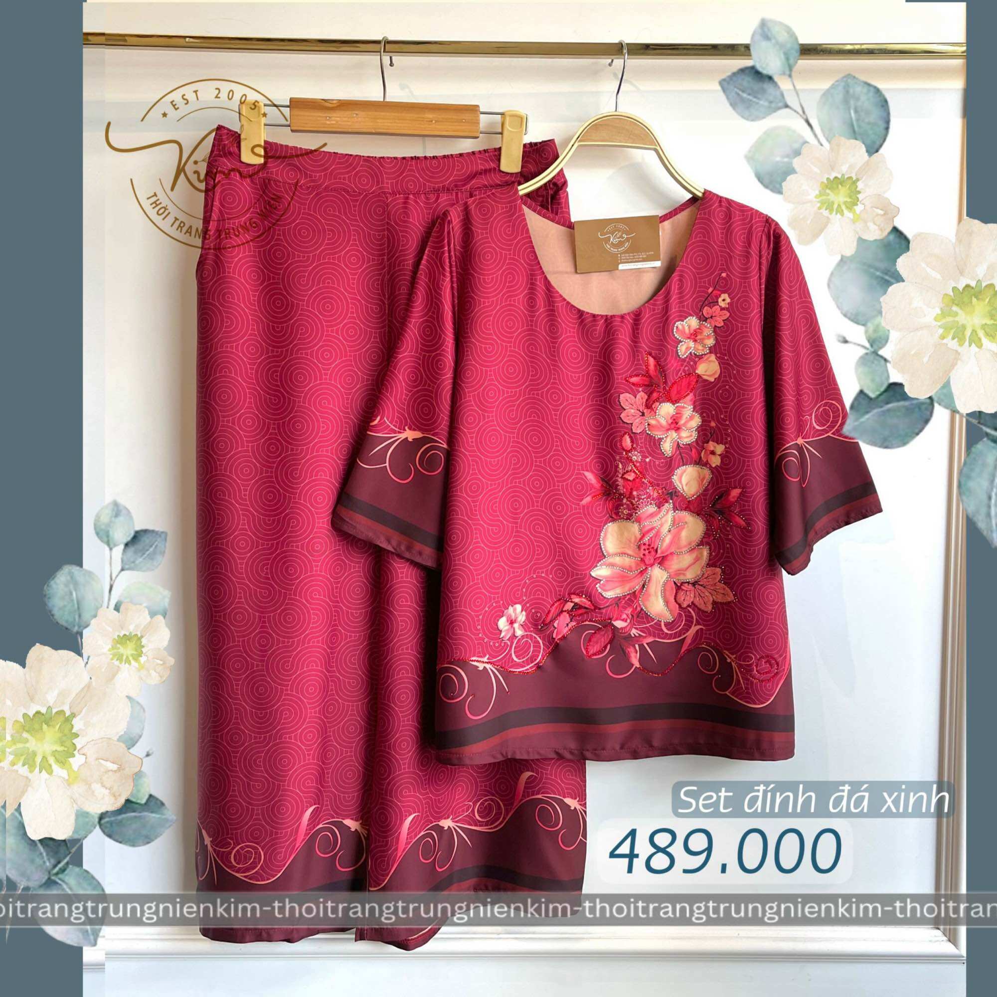 Sét bộ lụa trung niên cao cấp hoa văn hoạ tiết đính đá sang trọng Bigsize quần dài 85cm