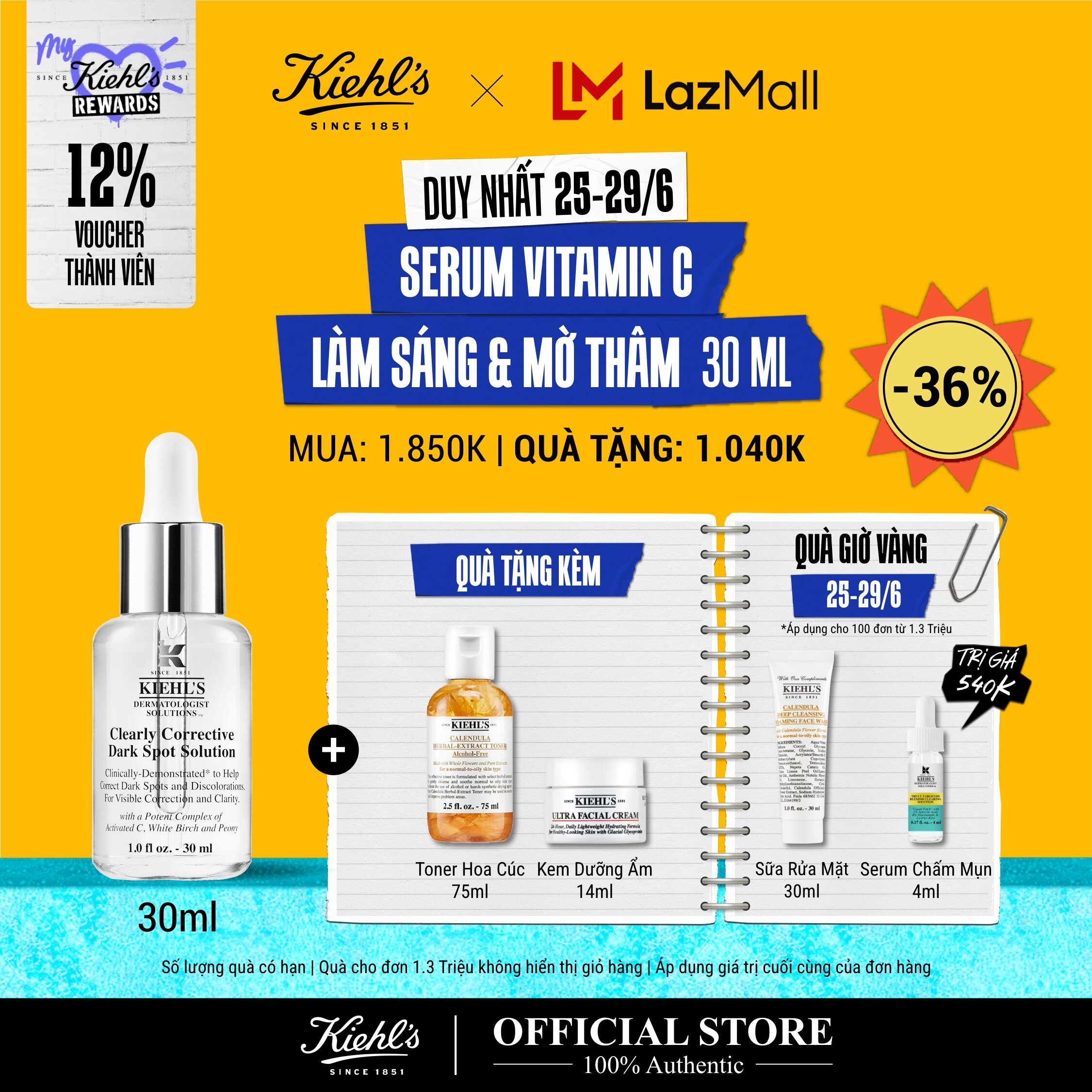 [TẶNG QUÀ ĐƠN 1.3 TRIỆU] Tinh Chất Serum Làm Sáng Da & Mờ Thâm Mụn Vitamin C Kiehl's Clearly Corrective™ Dark Spot Solution 30ML