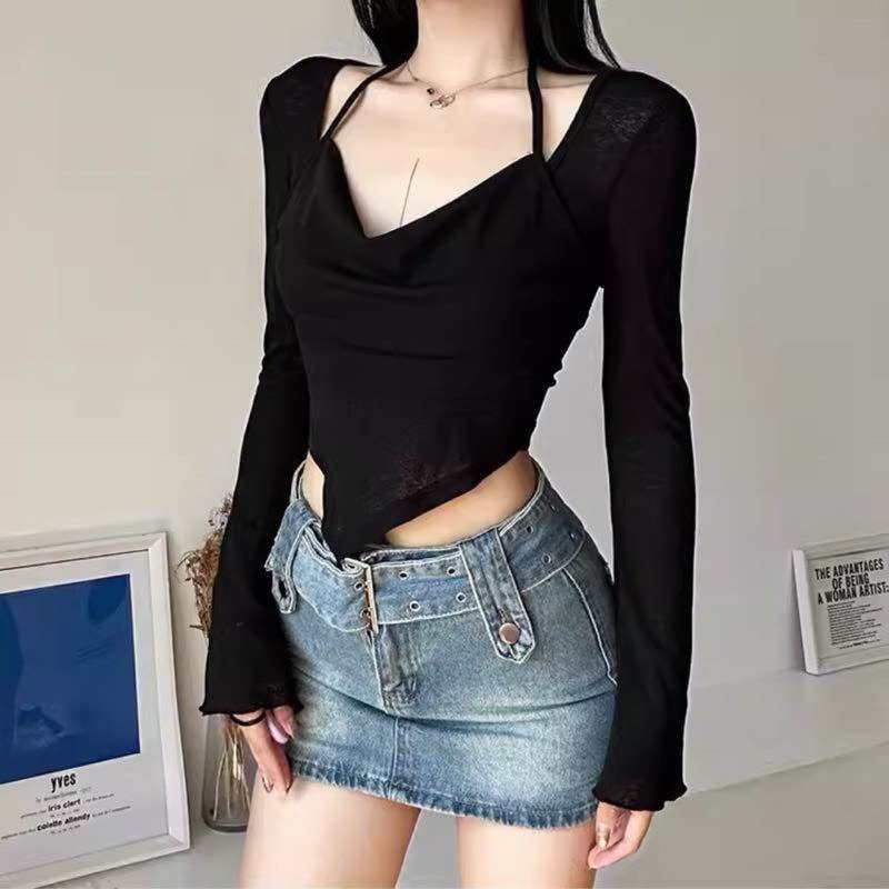 Áo thun kiểu dài tay cổ yếm tà nhọn 51 ÁO CROTPOP VẠT NHỌN TAY DÀI
