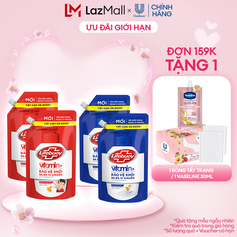 Combo 2 Nước Rửa Tay Lifebuoy Công thức Vitamin+ Sữa Dưỡng Ẩm Túi 1KG