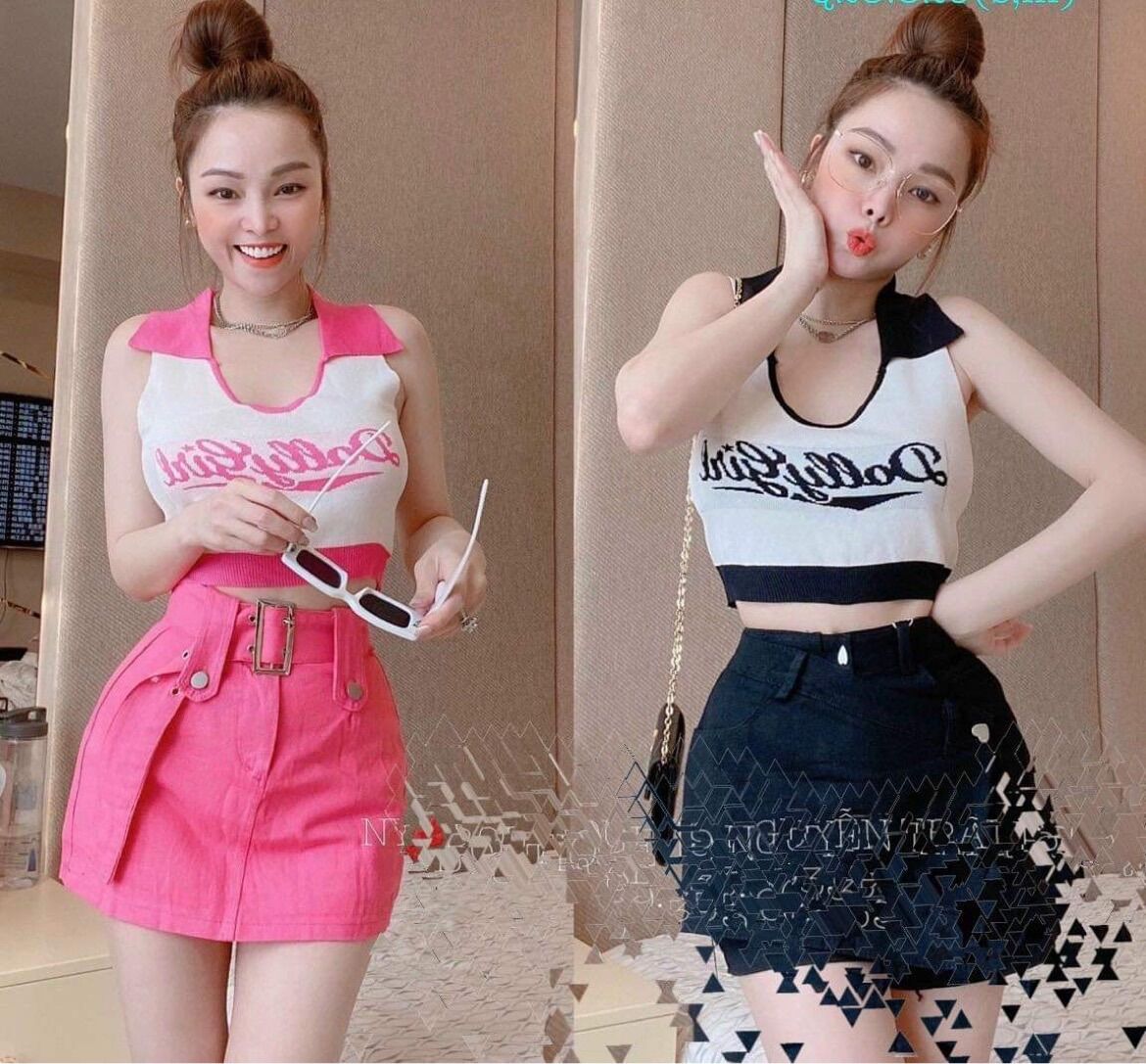 Áo croptop cổ bẻ in chữ DOlly