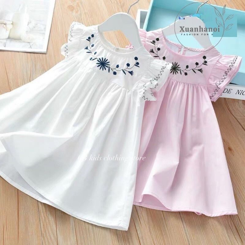 Váy bé gái babydooll cổ thêu hoa leo 2 mầu Trắng và Hồng