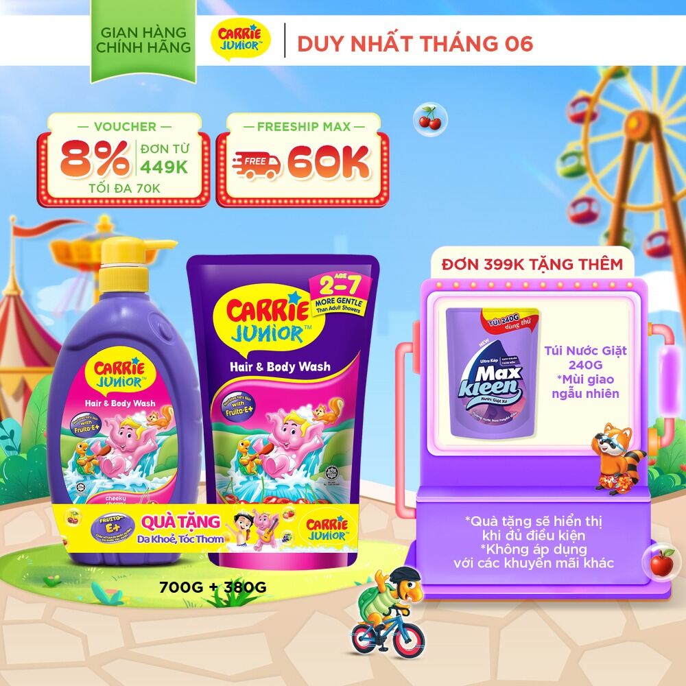 [Tặng kèm túi 380g] Sữa Tắm Gội cho bé Carrie Junior Hương Trái Cây Thiên Nhiên 700g