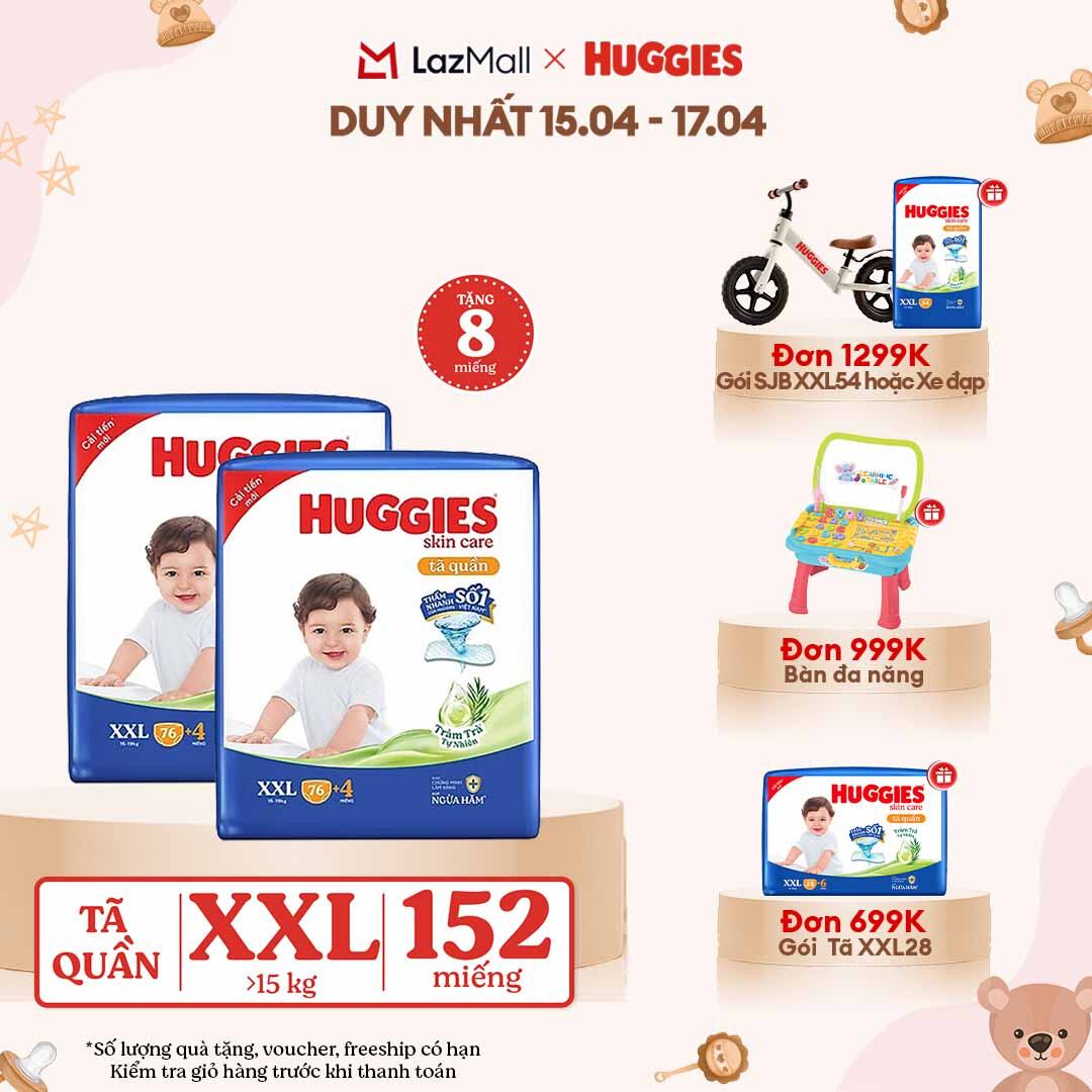 [CHỈ 18-24.04 GIẢM THÊM 90K]  Combo 2 Gói Tã/bỉm quần HUGGIES SKINCARE MEGA JUMBO size XXL76+4 miếng