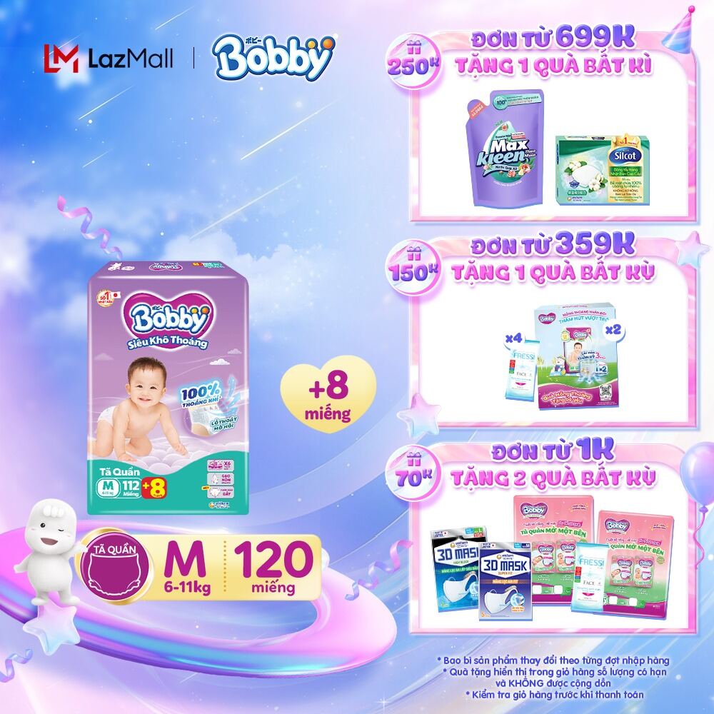 [Tặng thêm 8 miếng] Tã/bỉm quần Bobby Mega Jumbo 3mm Gạo non M112/L96/XL84/XXL76