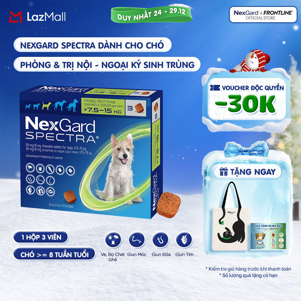  NexGard SPECTRA - Viên nhai phòng & trị nội ngoại ký sinh  ve rận bọ chét ghẻ Demodex Sarcoptes giun  dành cho chó size M  7.5-15kg  - 1 hộp 3 viên 