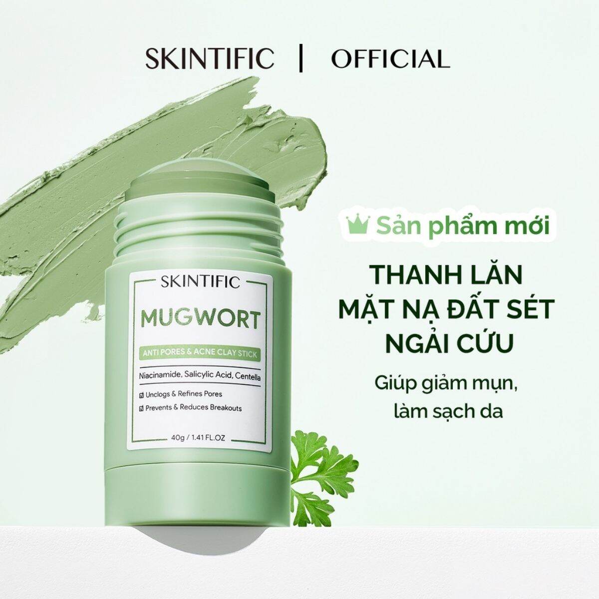 SKINTIFIC Thanh lăn mặt nạ đất sét ngải cứu giảm mụn đất sét Mugwort ANTI PORES & MẶT NẠ ĐẤT SÉT bùn MỤN Cấp ẩm Ngải Cứu 40g