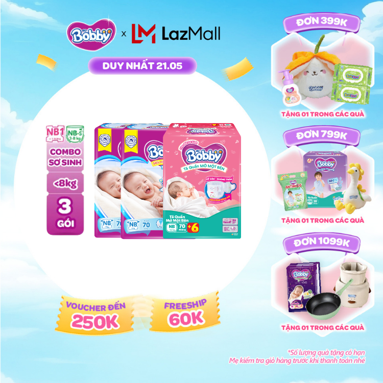 [SALE CUỐI THÁNG tặng QUÀ TO-SLCH][TẶNG MIẾNG NGẪU NHIÊN] Combo sơ sinh gồm 02 gói Tã dán Bobby NB70 miếng và  01 gói Tã quần mở một bên NB-S 74 miếng