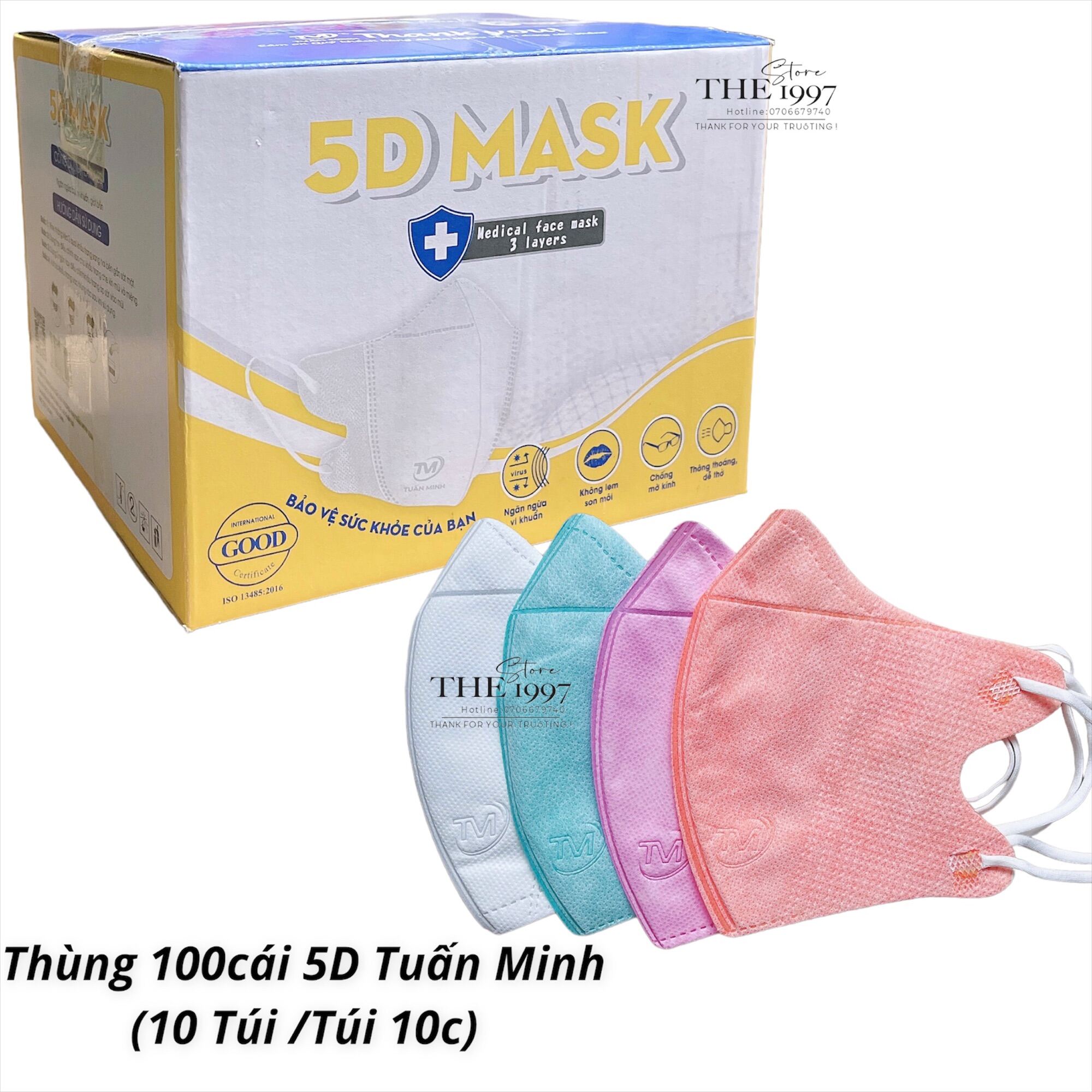 Khẩu Trang 5D mask Tuấn Minh Kháng Khuẩn bảo vệ sức khoẻ 3Lớp dày dặn