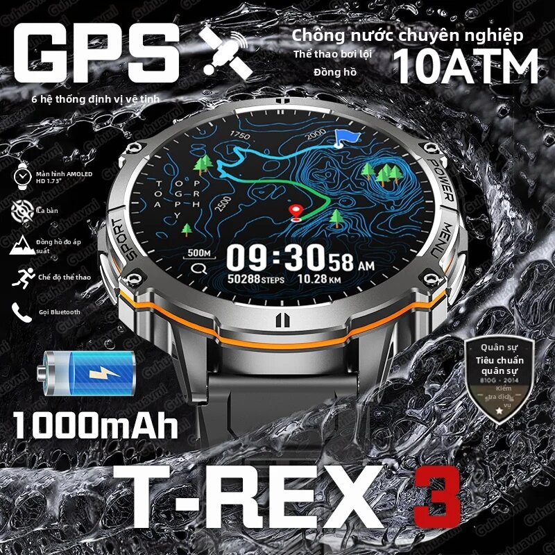 GUHUAVMI | Đồng Hồ Thông Minh T-Rex 3 Cấp Quân Sự, Pin 1000mAh, Chống Nước 10ATM, GPS, La Bàn, Máy Đo Độ Cao, Màn Hình AMOLED Dành Cho Nam, Bơi Lội, Thể Thao