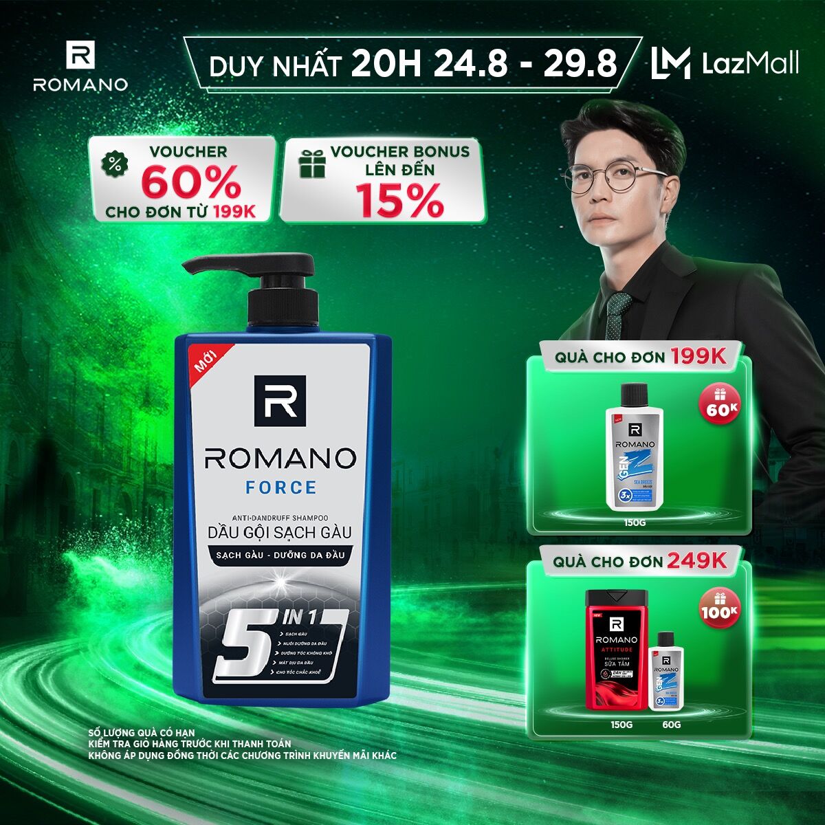 Dầu gội sạch gàu Romano Force loại bỏ & ngăn gàu trở lại 650g