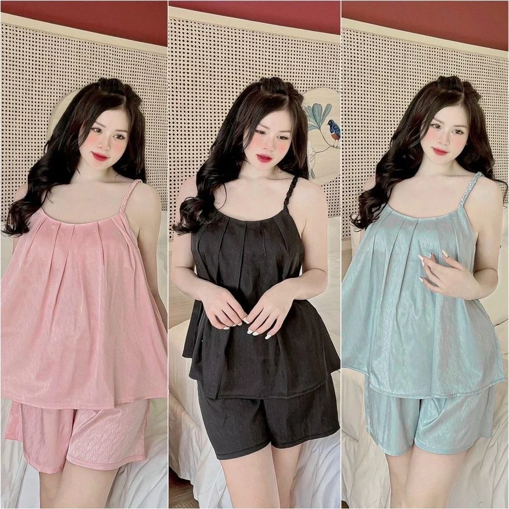 [HCM]Đồ bộ ngủ 2 dây phi lụa đùi ngắn dễ thương cho nữ