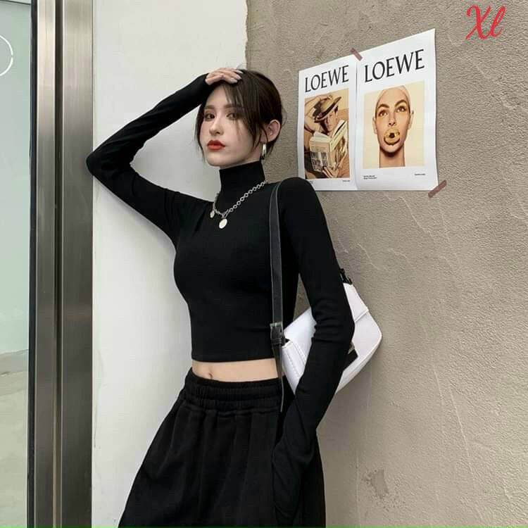 ÁO thun cổ lọ tay dài croptop thun gân