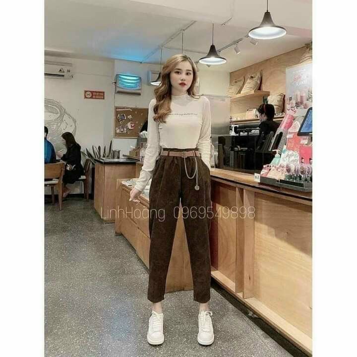 Quần baggy nhung tăm cạp chun kèm đai DELY SHOP