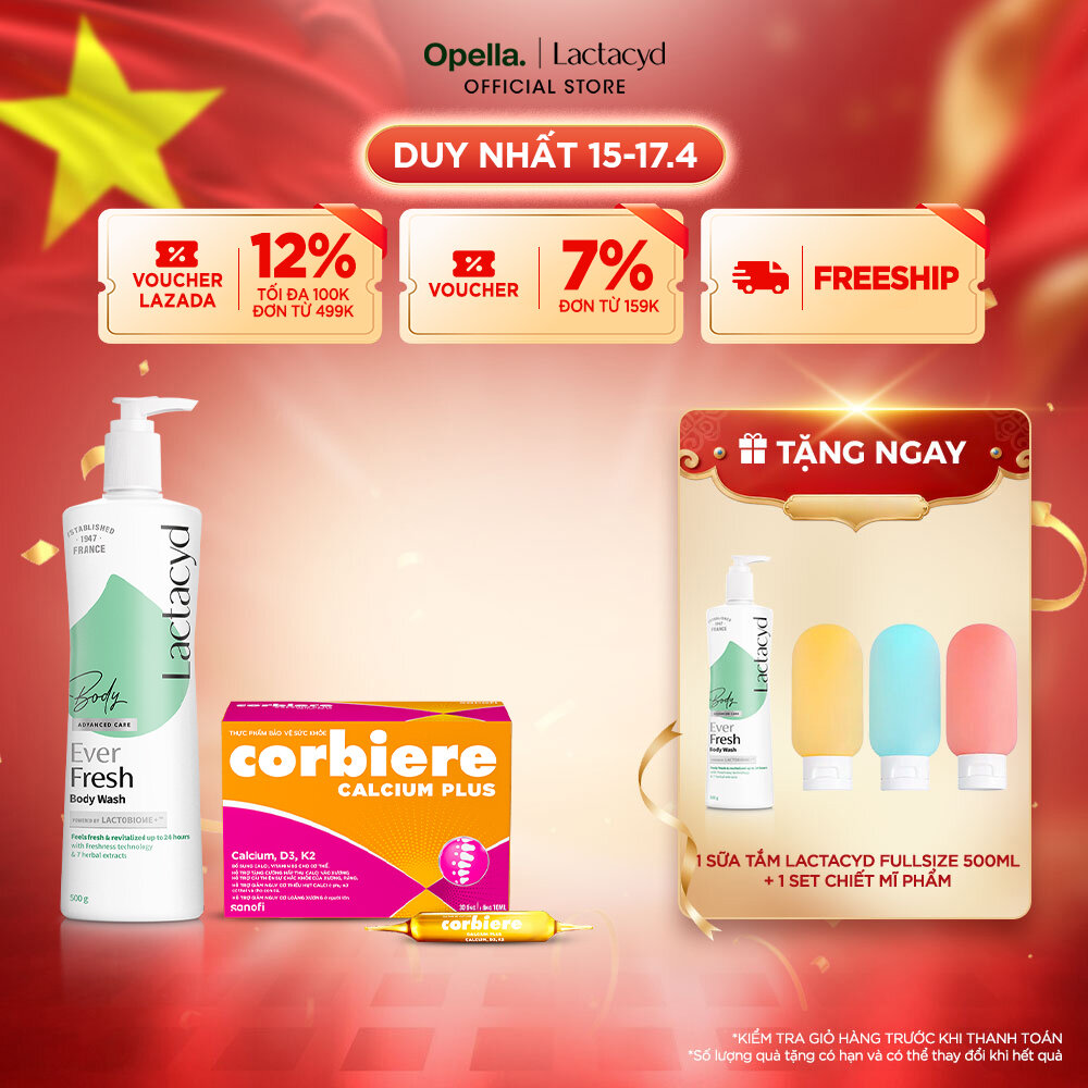 Bộ 1 Sữa tắm Lactacyd Ever Fresh mang lại làn da thơm mát và tràn đầy sức sống đến 24 giờ + 1 Thực phẩm bảo vệ sức khỏe Corbiere Calcium Plus Mới - Canxi hữu cơ + D3 + K2