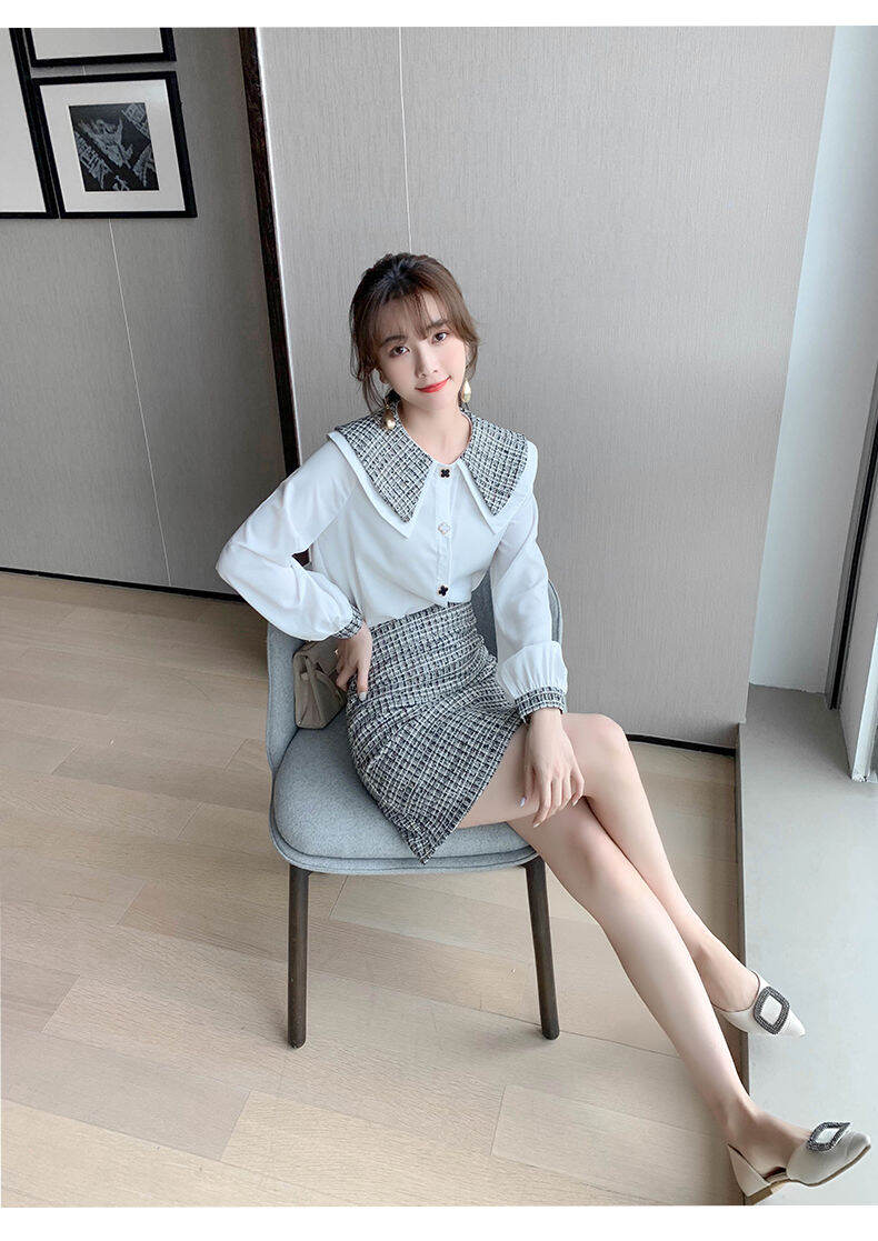 Set Áo Sơ Mi Phối Váy Dạ Tweed Trắng Đen Siêu Đẹp