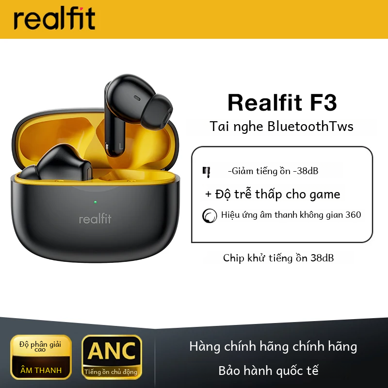 Realfit F3 Anc Khử tiếng ồn chủ động Tai nghe không dây Bluetooth Enc Call Hifi Stereo Super Bass Tai nghe chơi game thể thao có nút âm lượng và điều khiển