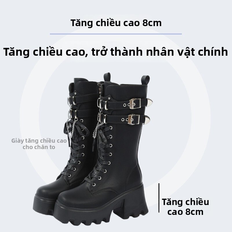 Men's Cosplay Punk Thick Heel Boots Heightening Knight Boots Subculture Shoes High Tube Martin Boots round Toe Warm Polyurethane