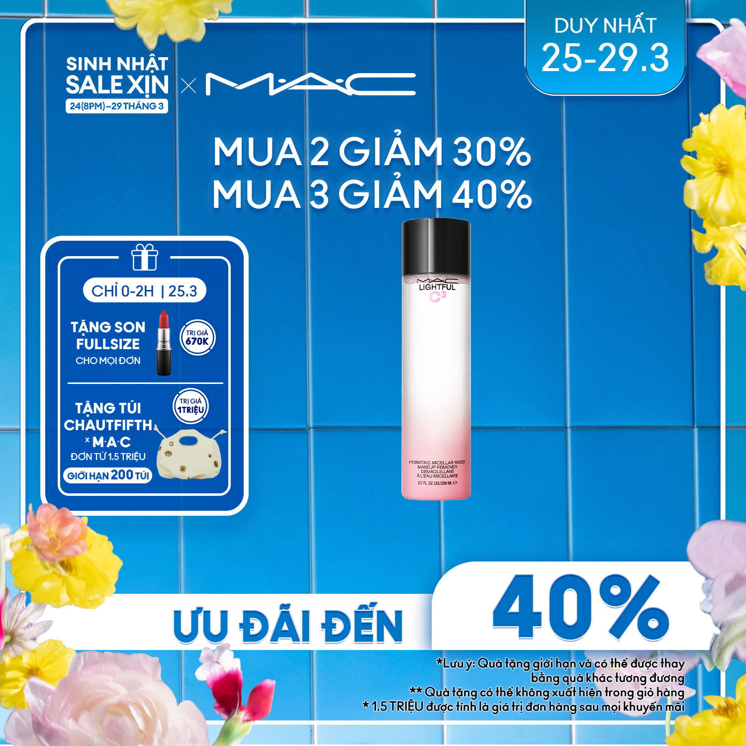 Nước Tẩy Trang MAC Lightful C3 Hydrating Micellar Water 200ml / Nước tẩy trang làm sạch da Micellar dưỡng ẩm với vitamin C - Trang điểm và chăm sóc da không chứa dầu.