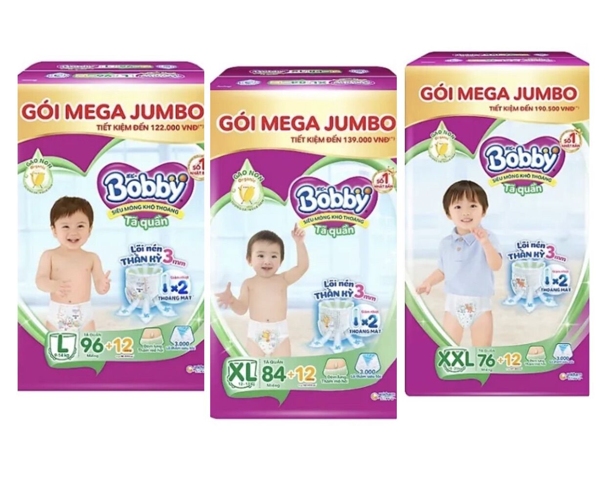 Tã/ bỉm quần bobby mega jumbo l96/xl84/xxl76 tặng 12 miếng