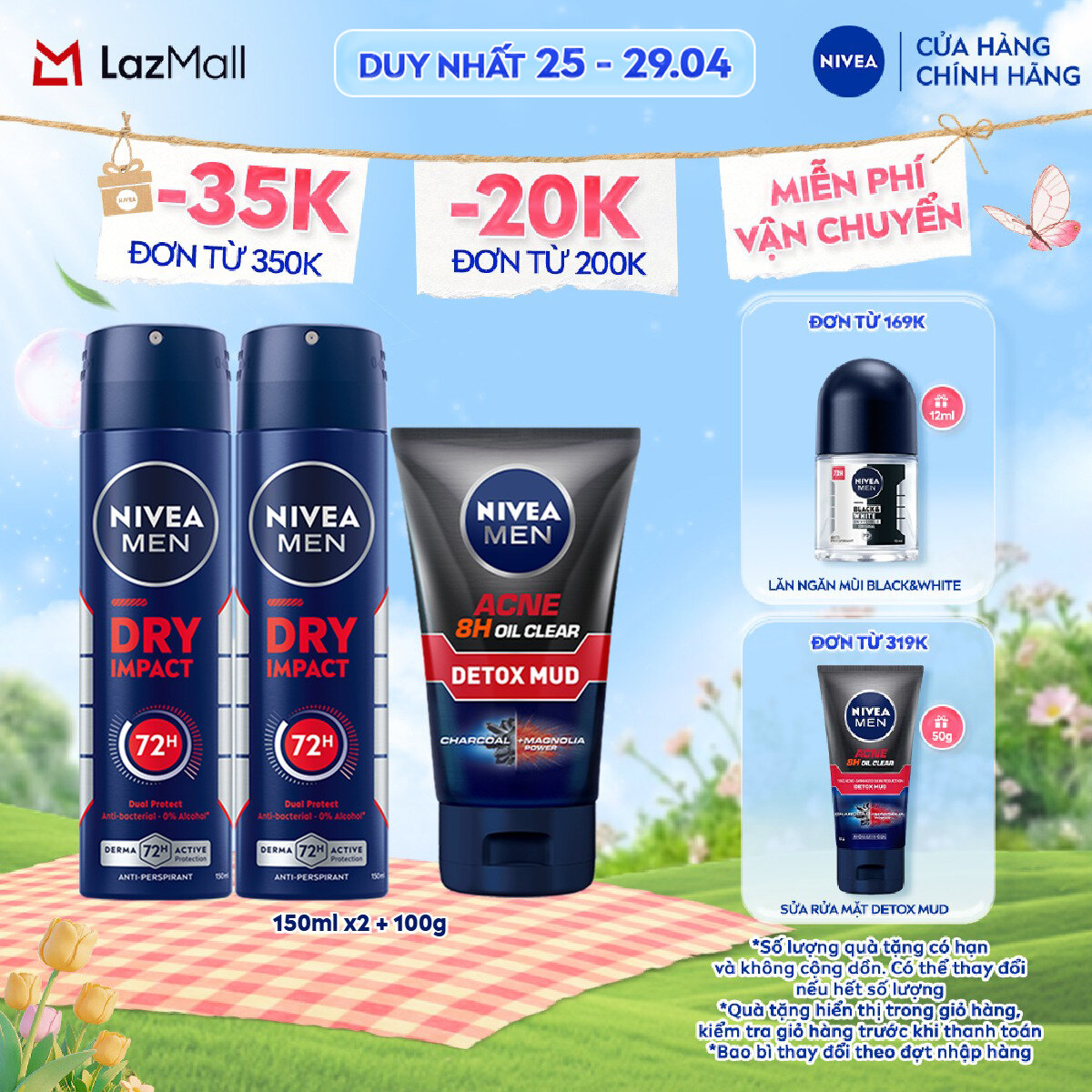 Bộ 3 Sản Phẩm Gồm 2 Xịt Ngăn Mùi NIVEA MEN Khô Thoáng (150 ml) - 81602x2 + Sữa Rửa Mặt NIVEA MEN Bùn Khoáng Kiểm Soát Nhờn | Ngừa Mụn | Sạch Sâu (100 g) - 83940