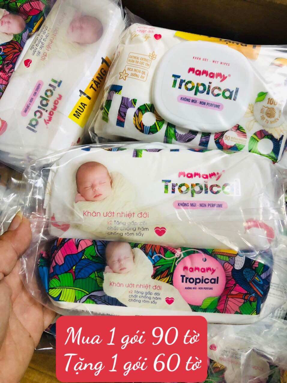 Combo 12 gói khăn ướt Mamamy Tropical 90 tờ từ sợi tự nhiên và Rayon