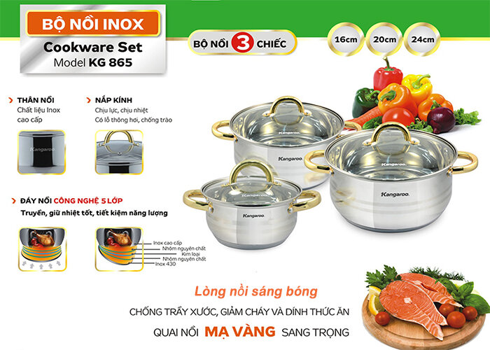Bộ nồi inox đáy 5 lớp kangaroo KG865