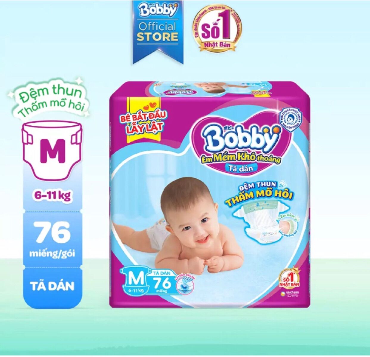 ( Cộng 6 miếng ) Bỉm Bobby dán size M76,L68,Xl62, Xxl56 mới .