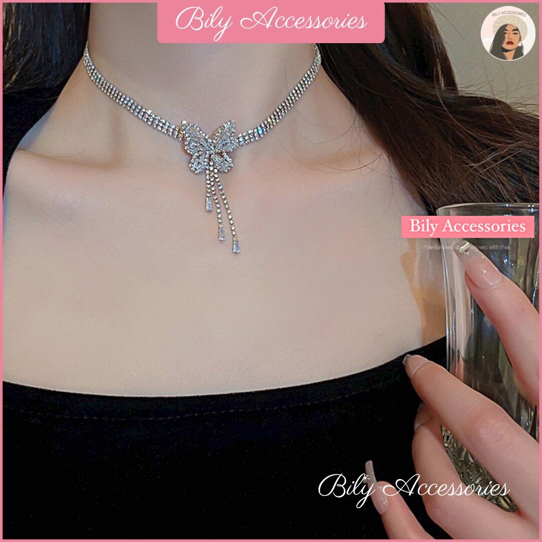 Dây chuyền choker 3 hàng đá mặt bướ.m đính đá Zircon cao cấp loại 1 lấp lánh đi tiệc cực sang trọng