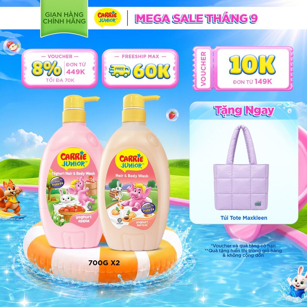 Combo 2 Chai Sữa Tắm Gội Cho Bé Carrie Junior chiết xuất trái cây thiên nhiên Yoghurt hương Táo + Mơ Tây (700g/ chai)
