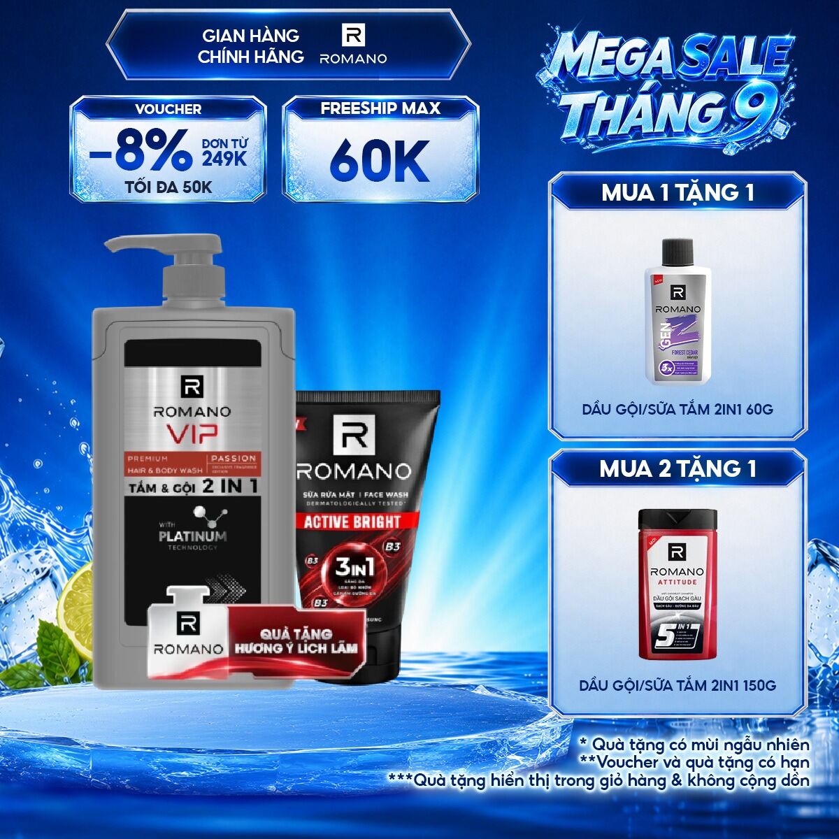 [Tặng kèm sữa rửa mặt 100 ml] Tắm gội 2 trong 1 Romano 2in1 Vip Vision/Passion 650g/chai