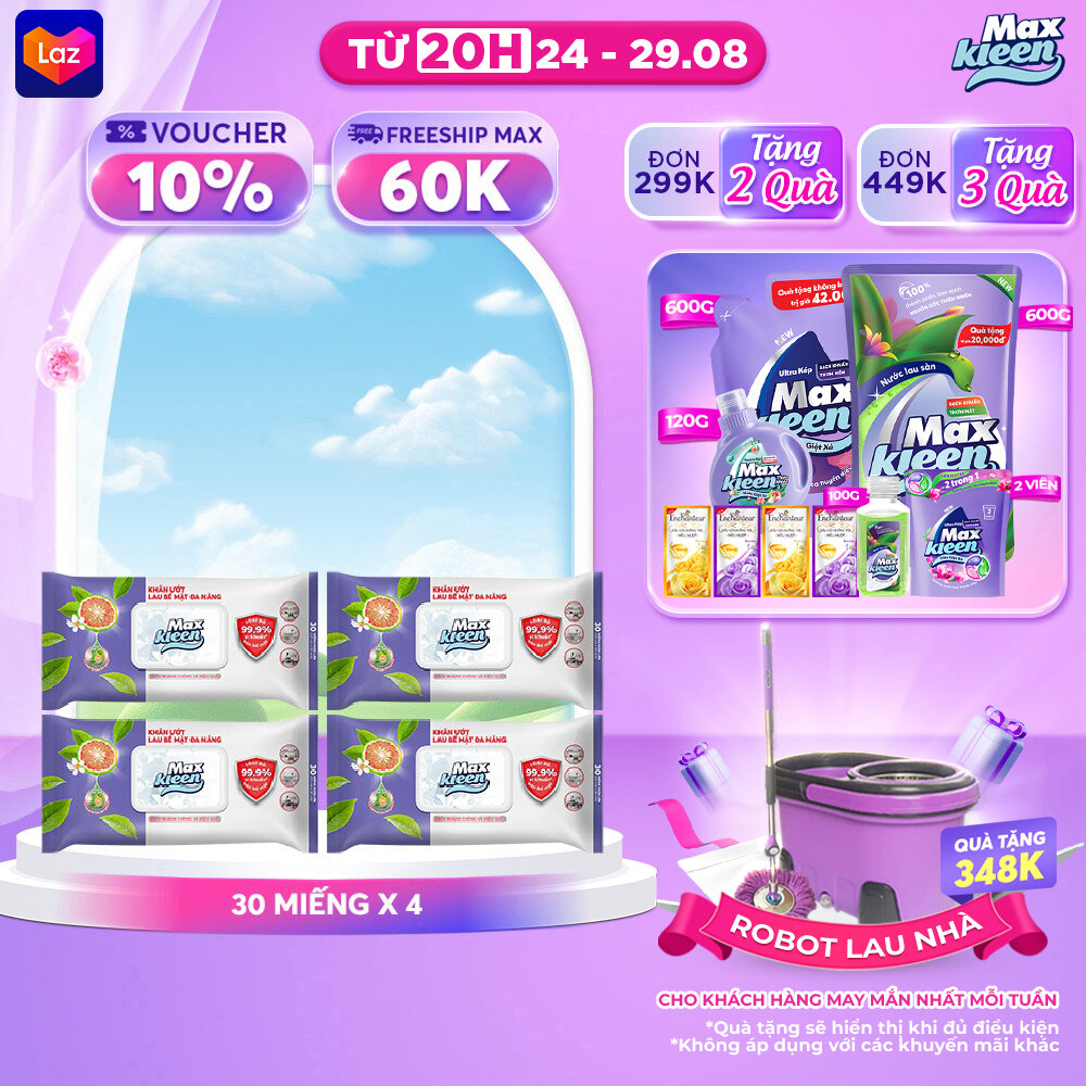 Combo 4 khăn ưót lau bề mặt đa năng maxkleen
