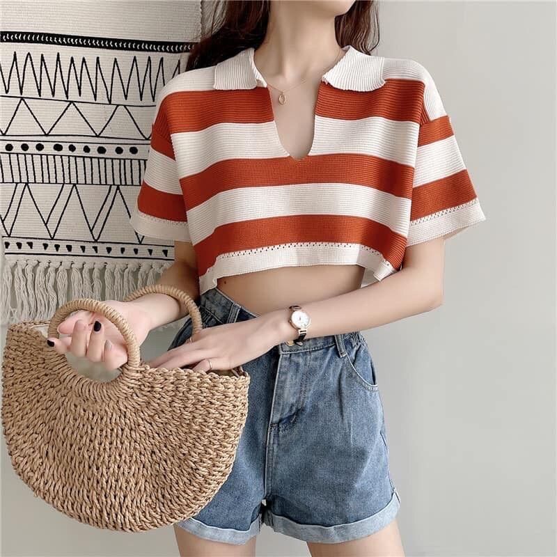 Áo len cộc tay crotop cổ bẻ sọc ngang