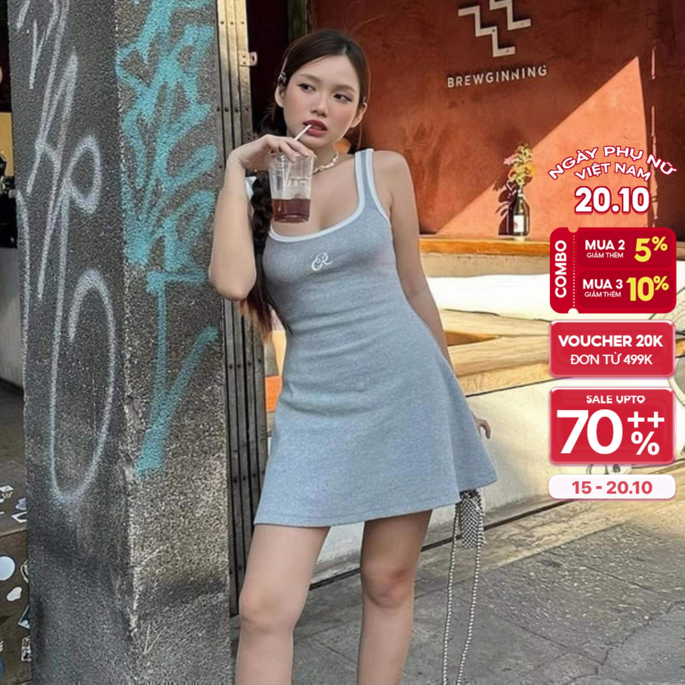 CARA Đầm thun basic dáng ngắn Rosan cổ vuông viền trắng năng động