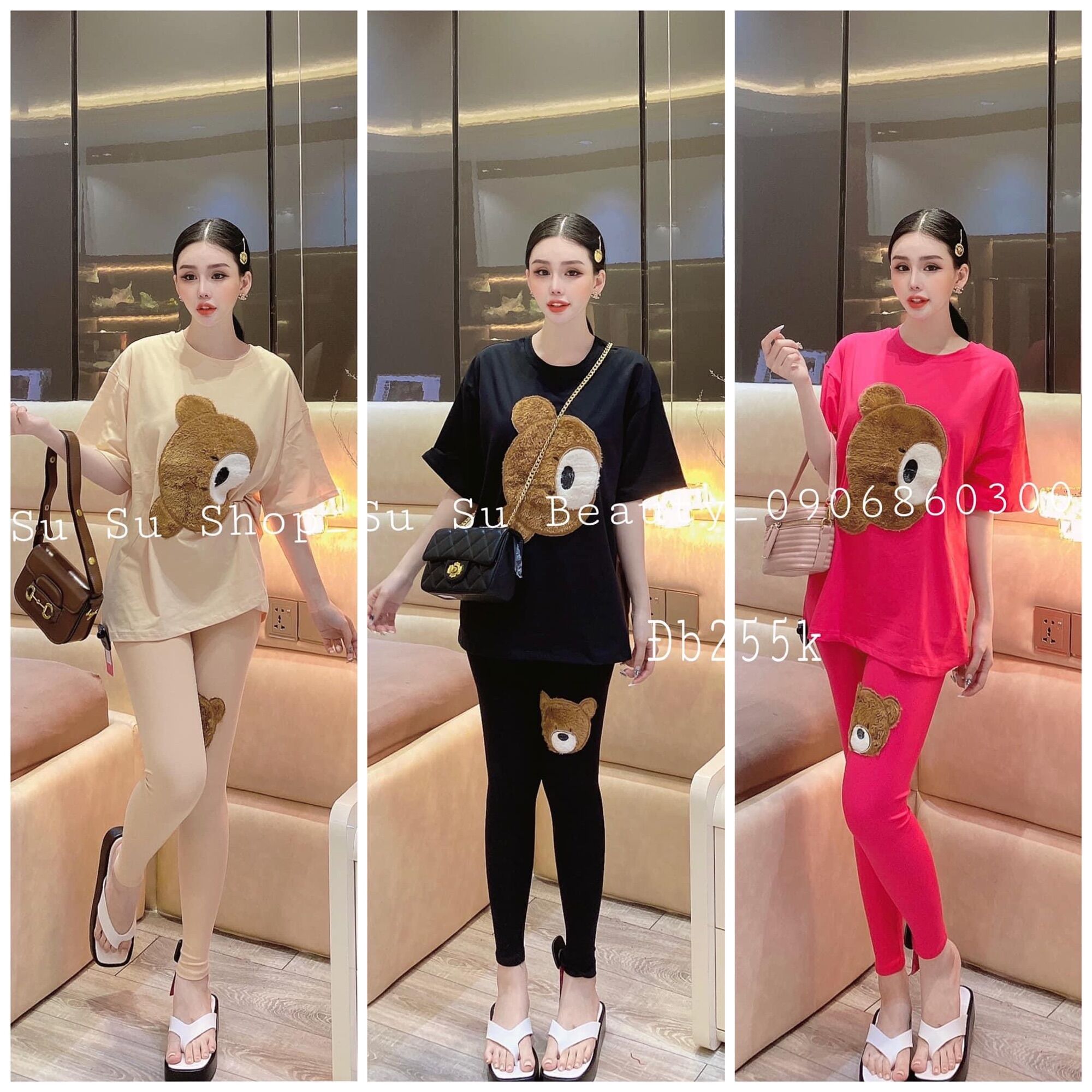 Set áo thun gấu lông thêu quần ôm vải đẹp giá tốt