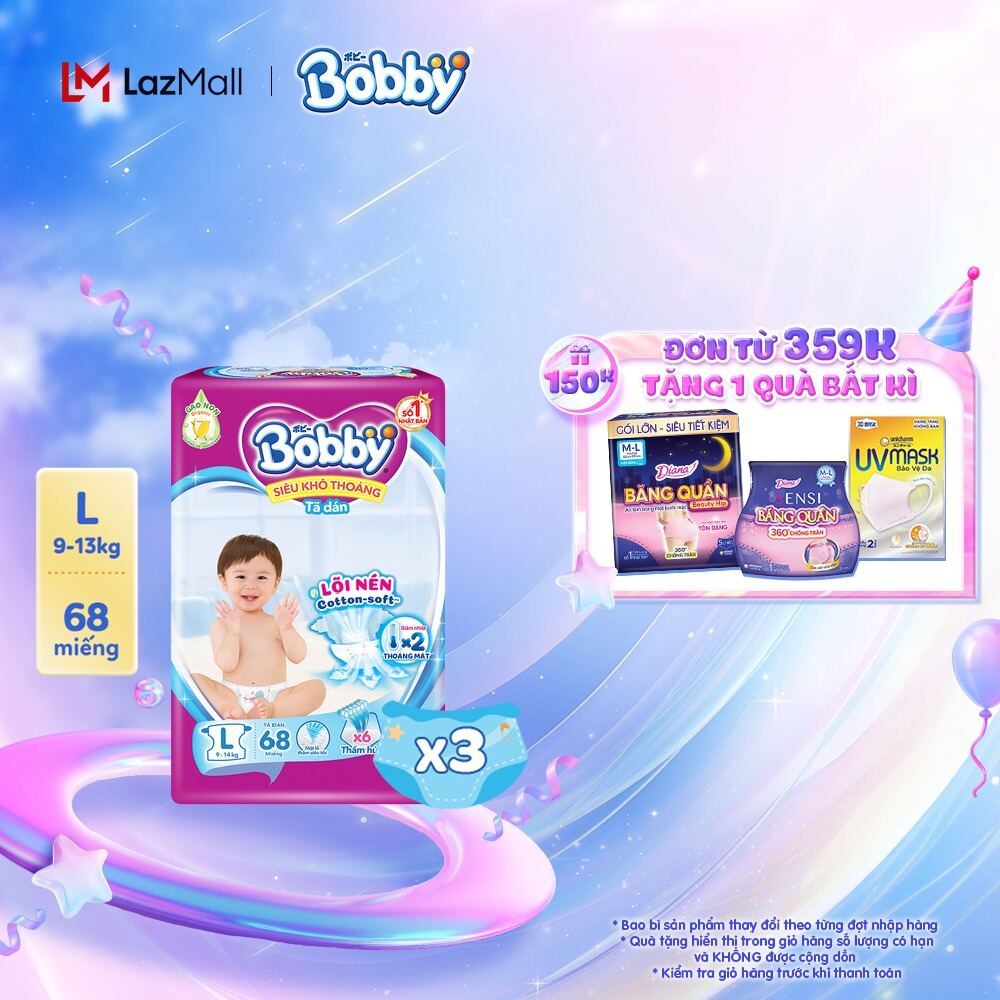 Combo 3 gói Tã dán Bobby Lõi nén Cotton-Soft 3mm - M76/L68/XL62/XXL56 [Bao bì thay đổi theo đừng đợt nhập hàng]