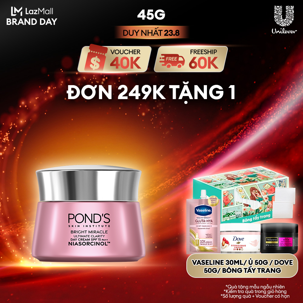 Kem sáng da đa tầng ban ngày Pond's Bright Miracle mờ thâm sạm với 50X Niasorcinol 45G