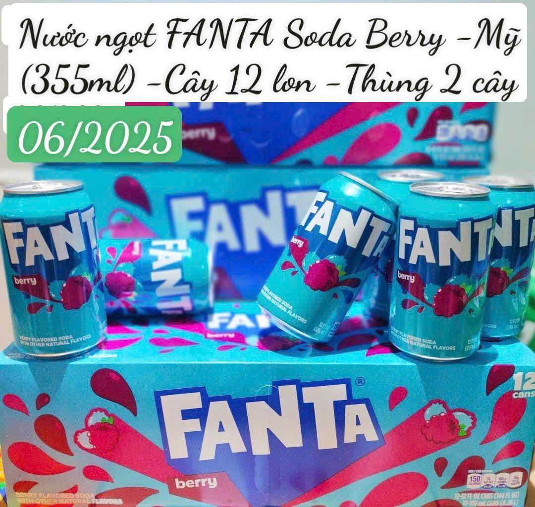 Nước ngọt Mỹ FANTA đủ vị đào, cam, dâu, nho, dứa, berry  (nguyên cây 12 lon)