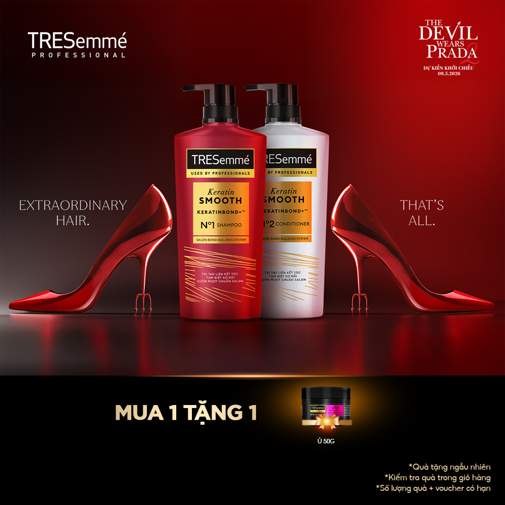 Combo Dầu Gội Và Dầu Xả TRESemmé Keratin Smooth Keratinbond+ Cho Tóc Khô Xơ Rối Vào Nếp Suôn Mượt 640g, 620g