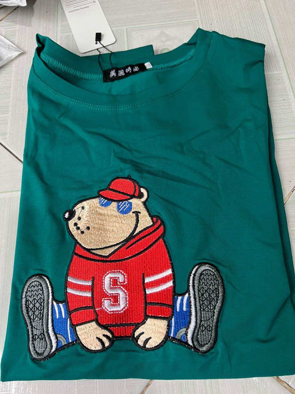 Bộ short thun cotton áo thêu gấu