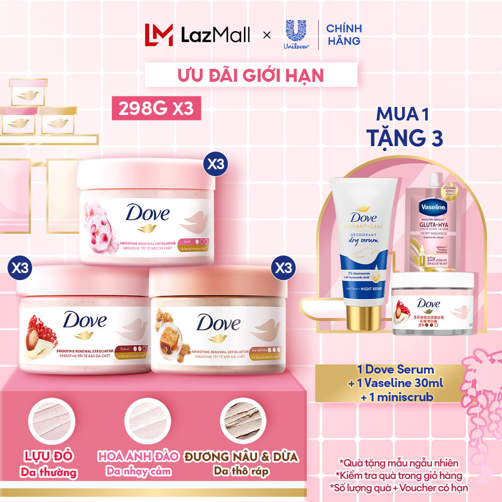 Combo Tẩy Da Chết Dưỡng Ẩm Toàn Thân Dove Hương Lựu Đỏ & Hoa Anh Đào & Đường nâu 298g 